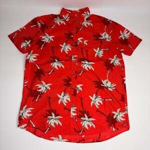 American Eagle Red Tropical Palm Tree Print Button Down Hawaiian Shirt Size M